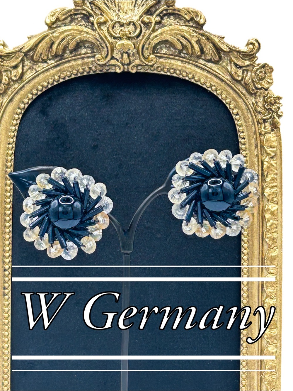 Vintage West Germany Clip On Earrings, Black Glass Cabochon Rosette Clusters